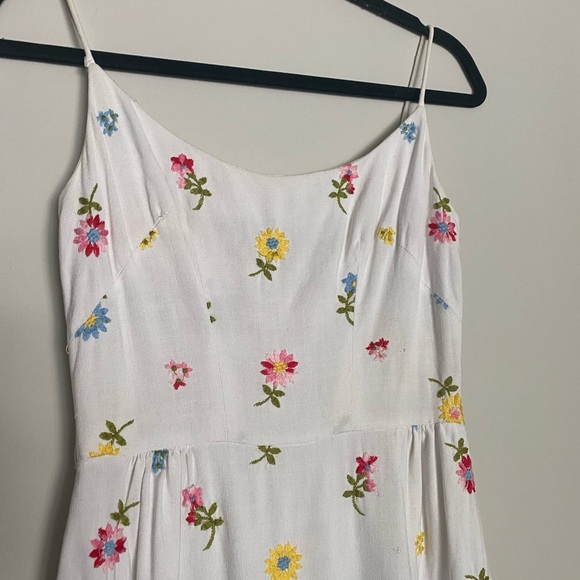 Vintage White Linen Floral Print Embroidered Midi Sun Dress Size Small - Picture 3 of 6
